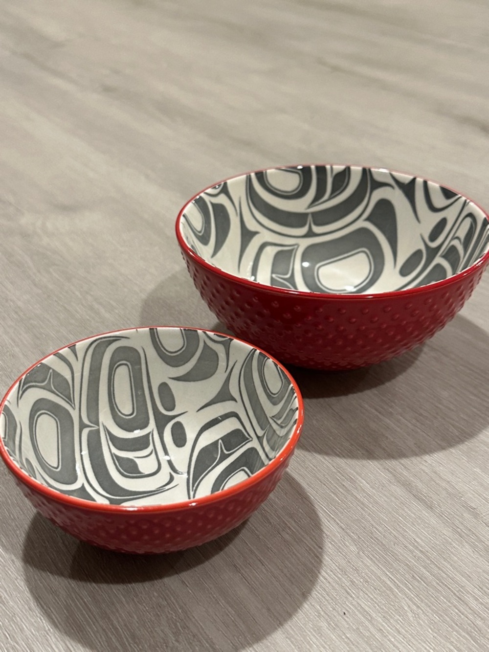 Red Ceramic Bowls with Grey & White Abstract Interior - Set of 2